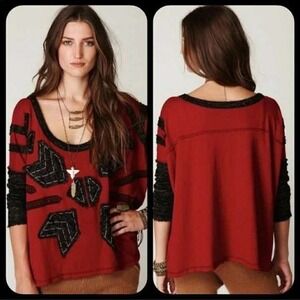 We The Free Nordic Compass Cropped Sweater Red Gray Small Tribal Free People